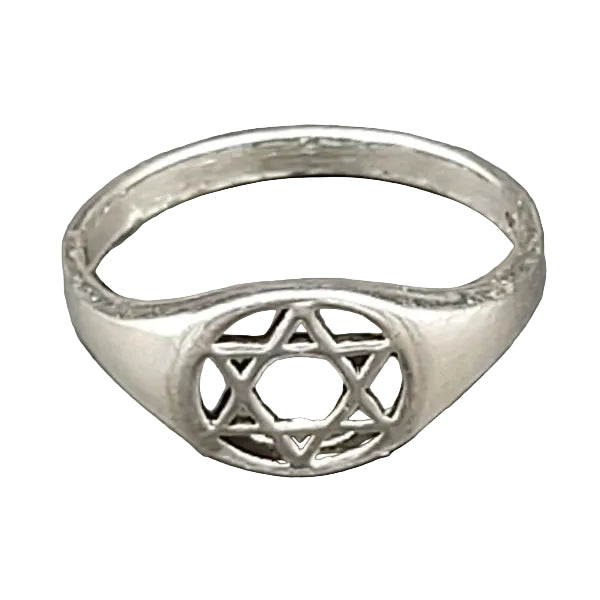 Silver ring with Star of David design on a white background