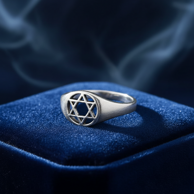 Silver ring with Star of David design on a blue background