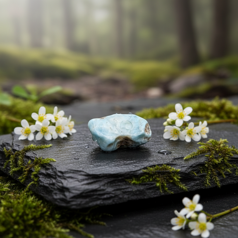 Blue stone on a mossy rock with white flowers in a forest setting