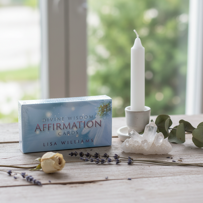 Box of Divine Wisdom Affirmation Cards by Lisa Williams on a table with a candle and flowers.