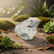 White rock on a wooden surface with green plants and moss