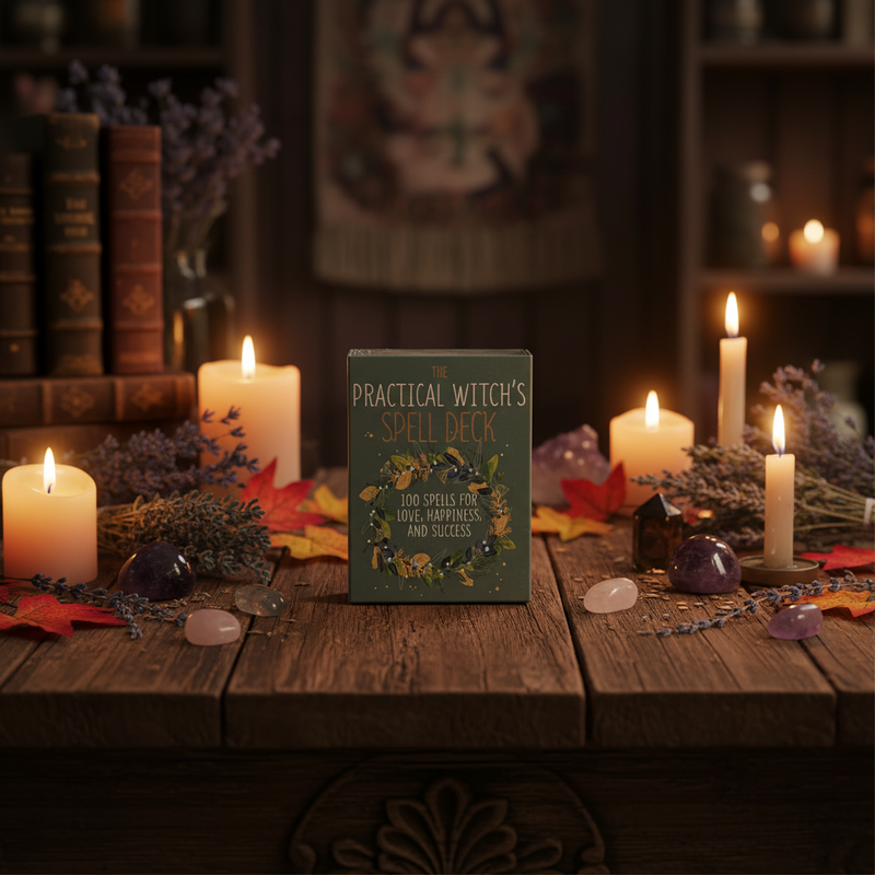 Book titled 'Practical Witch's Spell Deck' on a wooden table with candles and herbs in a mystical setting.