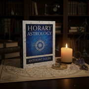 Book titled 'Horary Astrology' by Anthony Louis on a table with a candle and crystal.