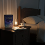 Nightscape with a book titled 'The Haunting of Hill House', a lit candle, and a steaming cup on a bedside table.
