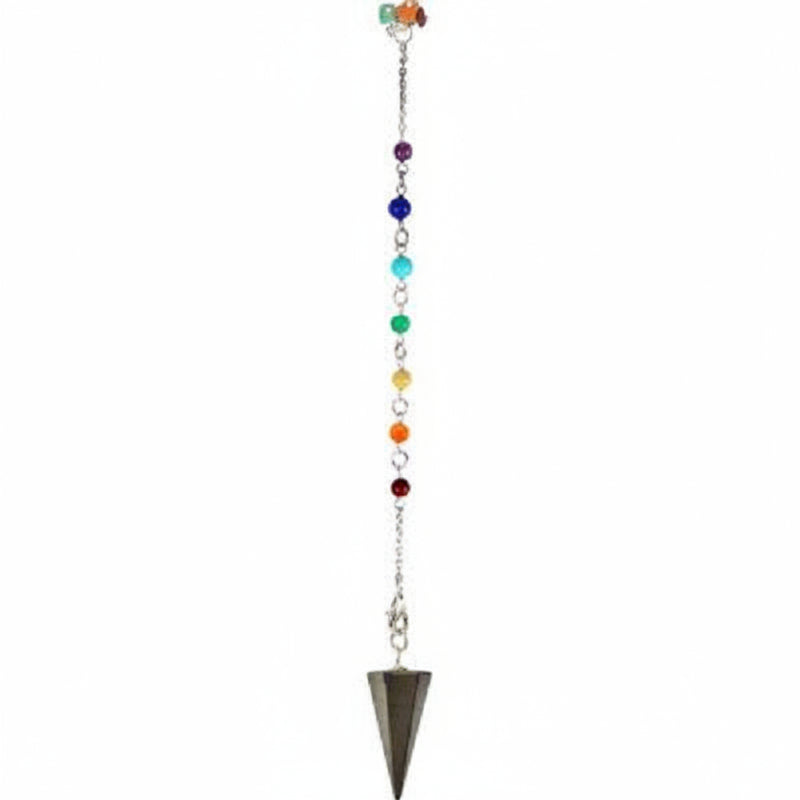 Pyramidal pendulum with chakra beads on a white background