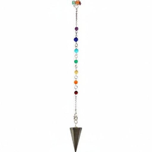 Pyramidal pendulum with chakra beads on a white background