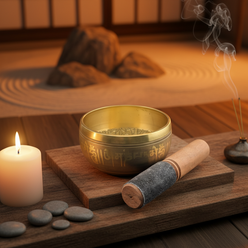 Gold singing bowl with wooden mallet, candle, and stones on a wooden surface with a blurred background.