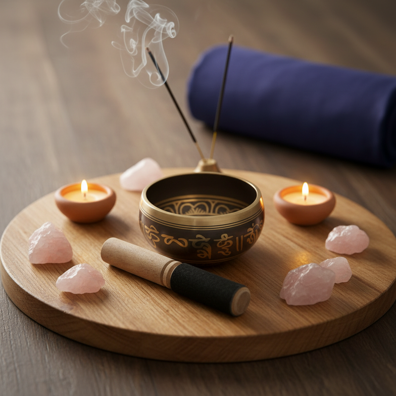 Singing bowl with wooden striker  next to a incense burner with incense sticks, candles, and crystals on a wooden tray.