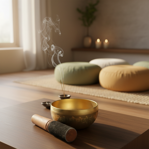 Gold colour singing bowl with incense and cushions on a wooden floor