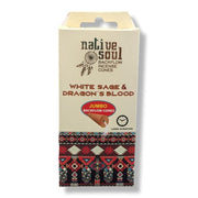 Box of Native Soul backflow incense cones with white sage and dragon's blood scent on a white background