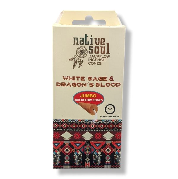 Box of Native Soul backflow incense cones with white sage and dragon's blood scent on a white background