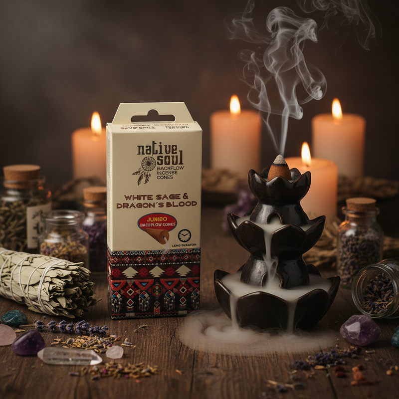 Incense burner with smoke, Native Soul packaging, candles, and crystals on a wooden surface.
