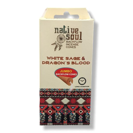 Box of Native Soul backflow incense cones with white sage and dragon's blood scent on a white background