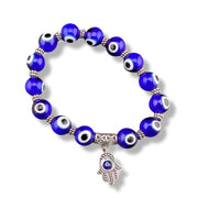 Blue beaded bracelet with a Hamsa charm on a white background