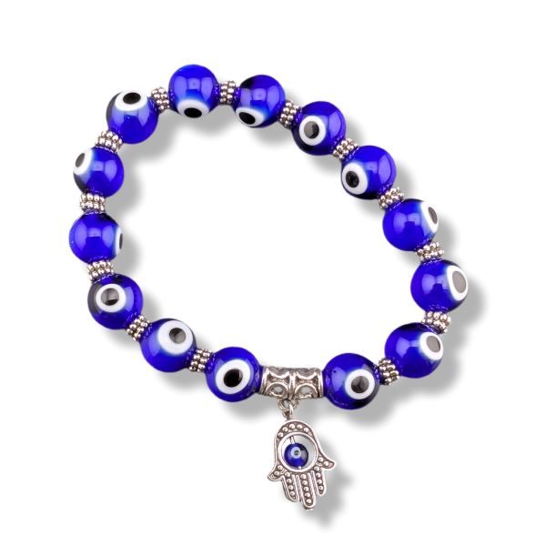 Blue beaded bracelet with a Hamsa charm on a white background