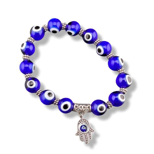 Blue beaded bracelet with a Hamsa charm on a white background