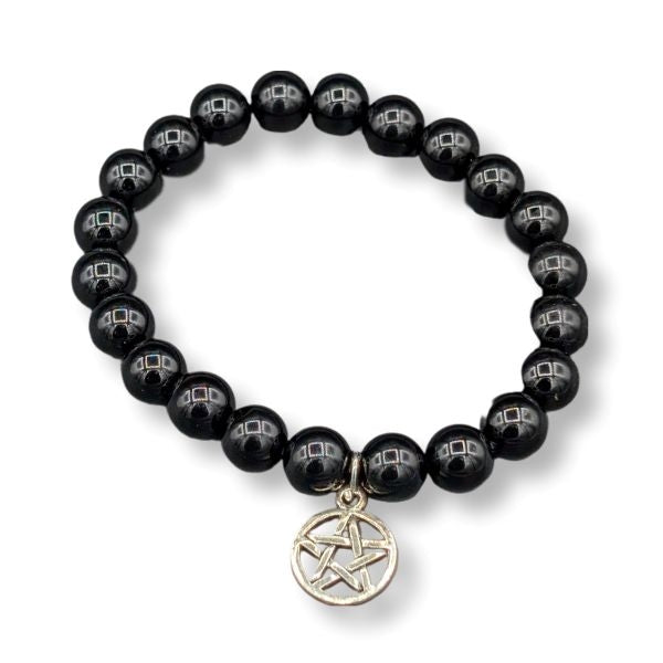 Bracelet 8mm Black Agate with Pentacle