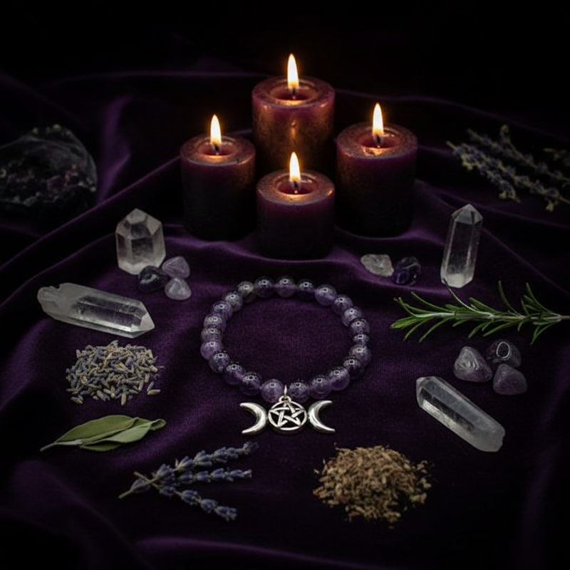 Wiccan or pagan altar setup with candles, crystals, and a bracelet on a purple cloth.