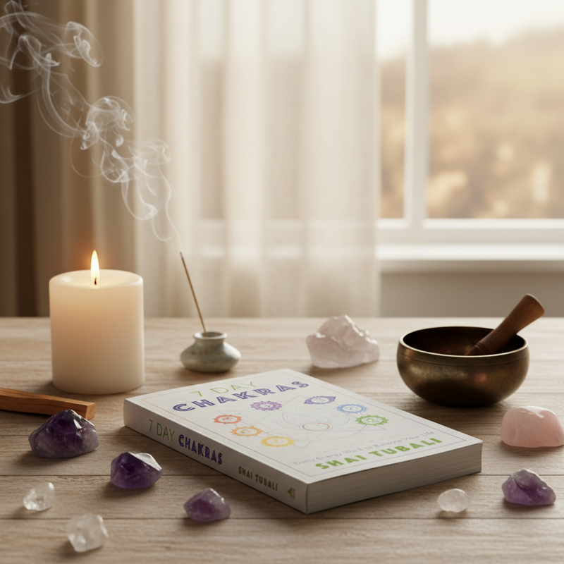 Book titled 'The 7 Chakras' on a wooden table with a candle, crystals, and a singing bowl.