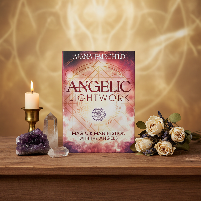 Book titled 'Angelic Lightwork' by Alana Fairchild on a wooden surface with decorative items.