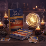 Two books titled 'Psychic Abilities for Beginners' on a table with candles and a crystal ball.