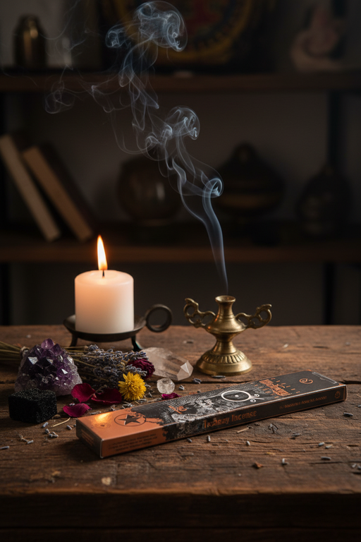 Candle with smoke, incense burner, and crystals on a wooden surface