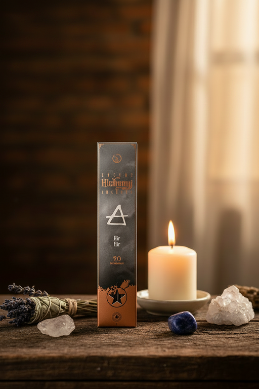 Box of 'Air' incense with a lit candle and crystals on a wooden surface.