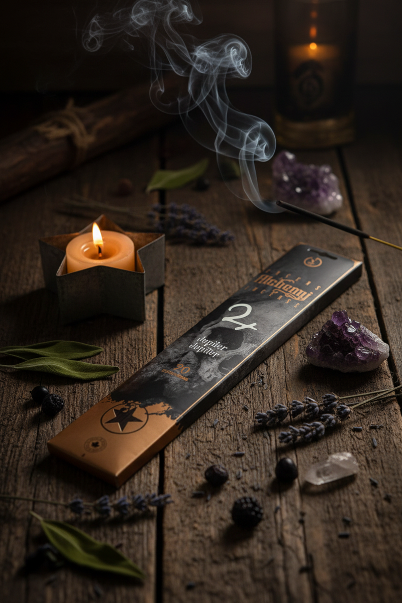 Incense stick box with a lit candle and crystals on a wooden surface