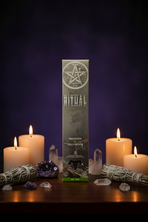 Product packaging for 'The Ritual' with candles and crystals on a dark background