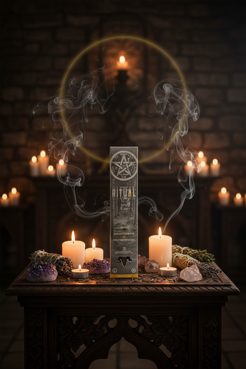 Pentagram-shaped product with candles and smoky effect on a dark background