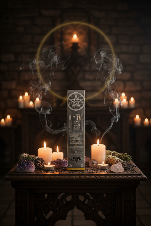 Pentagram-shaped product with candles and smoky effect on a dark background