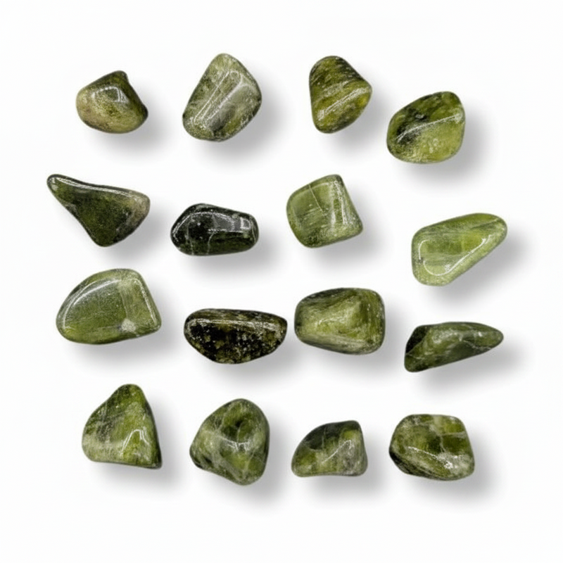 A set of polished green tumbled stones arranged in a loose grid on a white background with soft drop shadows.