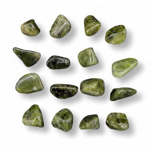 A set of polished green tumbled stones arranged in a loose grid on a white background with soft drop shadows.