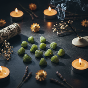 A styled arrangement of small green polished stones on a dark surface, surrounded by lit tealight candles, dried flowers, lavender sprigs, a bundle of sage, and an incense stick in a holder.