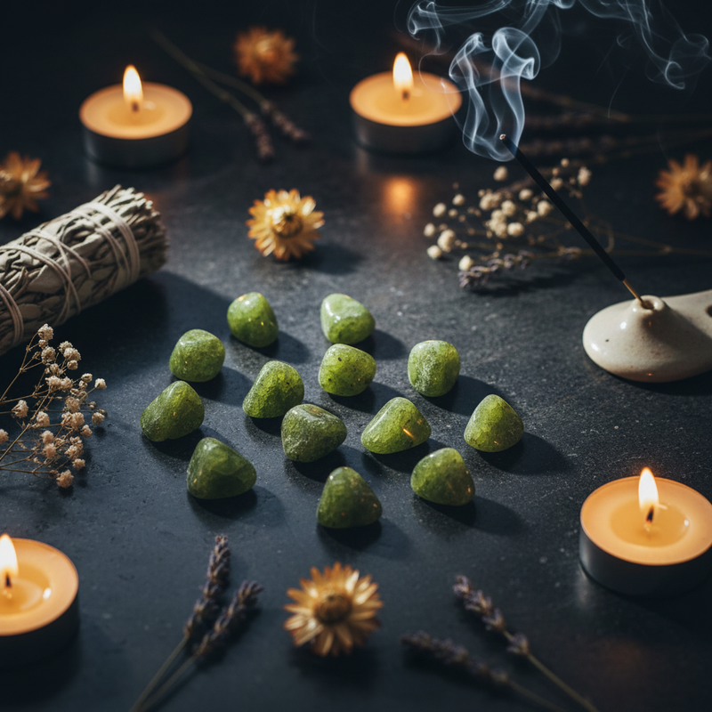 A styled arrangement of small green polished stones on a dark surface, surrounded by lit tealight candles, dried flowers, lavender sprigs, a bundle of sage, and an incense stick in a holder.
