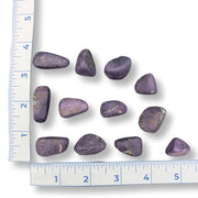 Purple stones on a white background with a ruler for scale