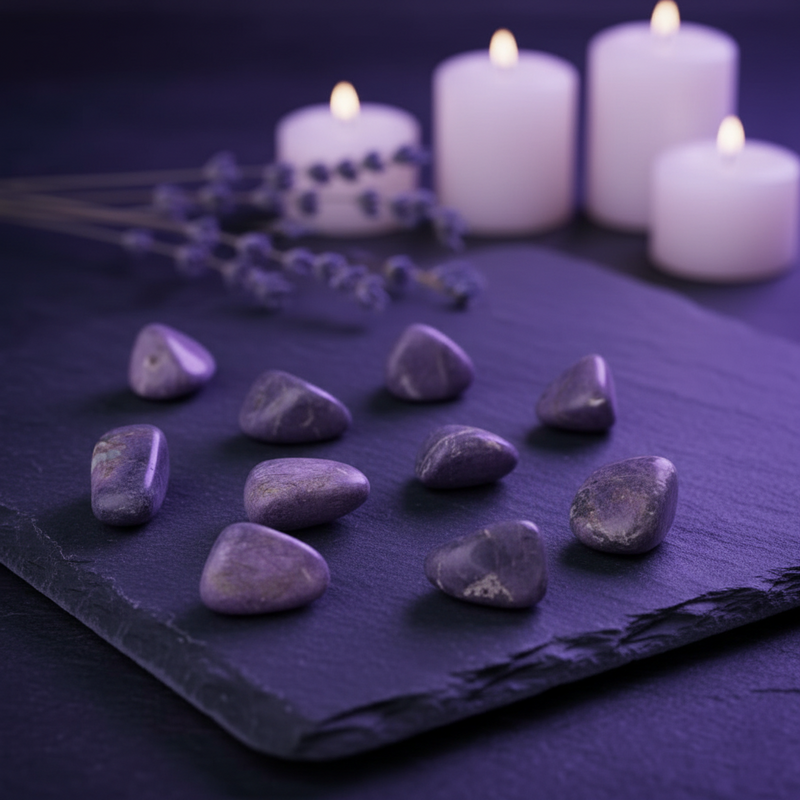 Purple stones on a dark surface with lit candles and lavender in the background