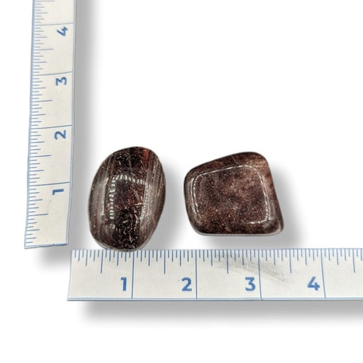 Two brown stones next to a ruler on a white background