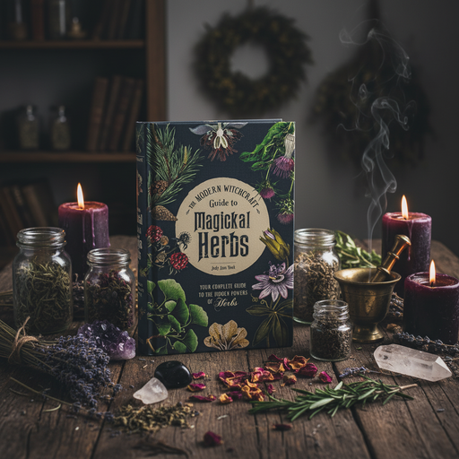 Book titled 'Modern Witch's Guide to Magickal Herbs' on a wooden table with herbs and candles.
