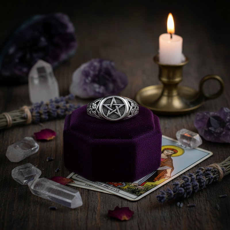 Silver pentagram ring on a purple cushion with candles, tarot cards, and crystals on a dark surface