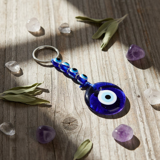 Blue evil eye keychain on a wooden surface with crystals and leaves