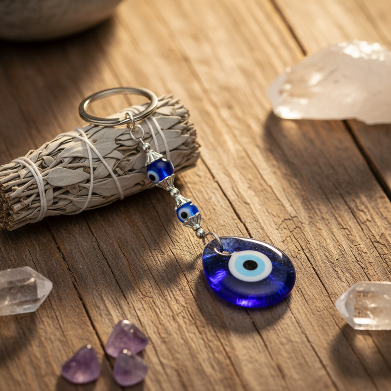 Blue evil eye keychain on a wooden surface with crystals and sage.
