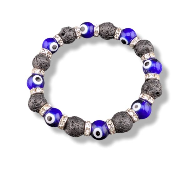 Bracelet with blue beads and silver accents on a white background