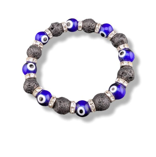 Bracelet with blue beads and silver accents on a white background