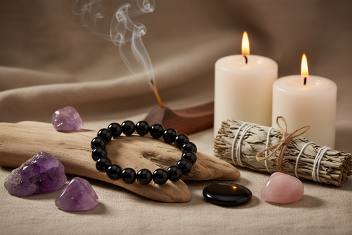 Black beaded bracelet on a wooden stick with purple crystals, candles, and sage on a textured surface.