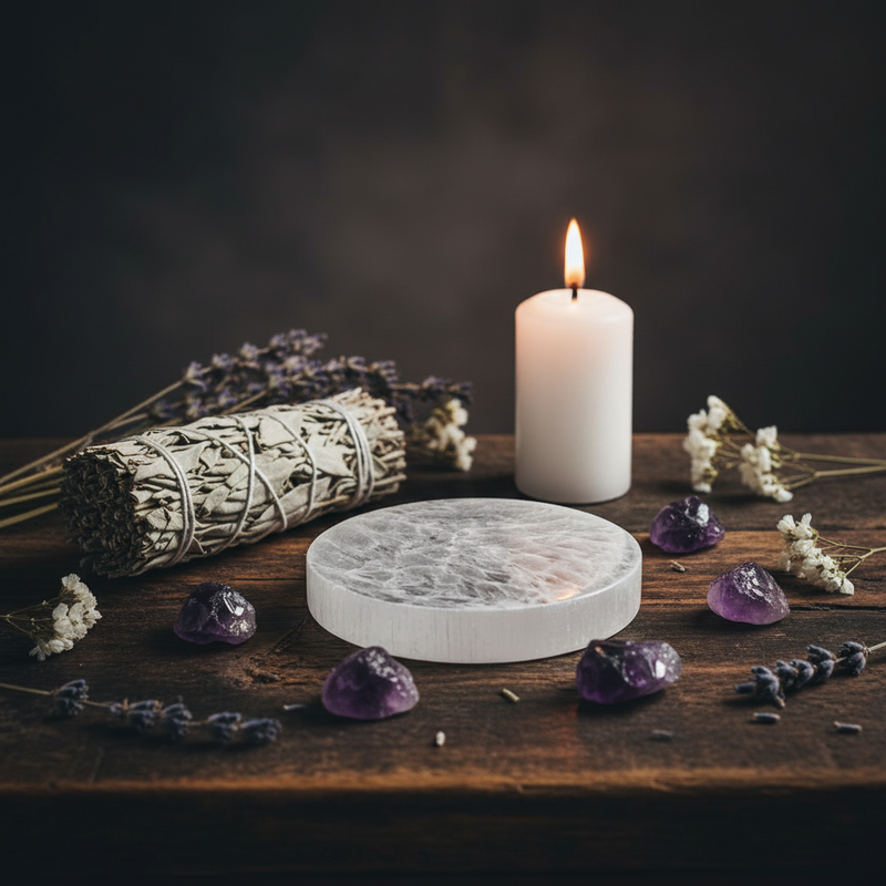A styled tabletop scene with a white cylindrical candle burning, a round selenite plate, a bundle of dried sage, scattered lavender sprigs, and a few purple amethyst stones on a dark wooden surface against a dark background.