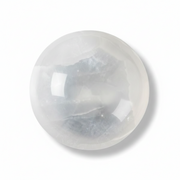 A polished white selenite sphere with natural inclusions, shown on a clean white background with a soft drop shadow.