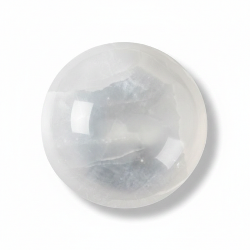 A polished white selenite sphere with natural inclusions, shown on a clean white background with a soft drop shadow.