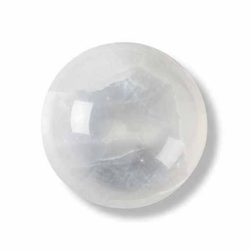 A polished white selenite sphere with natural inclusions, shown on a clean white background with a soft drop shadow.