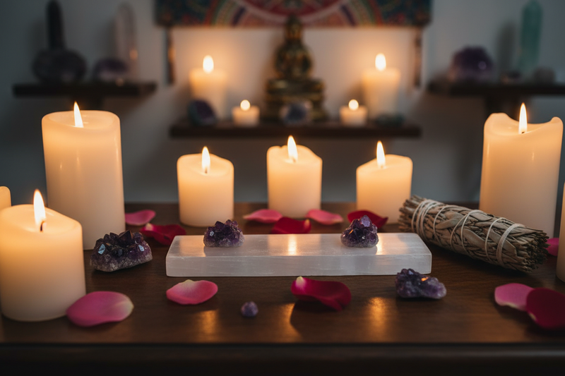 A serene altar setup with multiple lit white candles, purple crystal clusters, scattered rose petals, a white rectangular stone slab, and a bundle of dried grass on a dark wooden surface, with a softly blurred spiritual shelf display in the background.